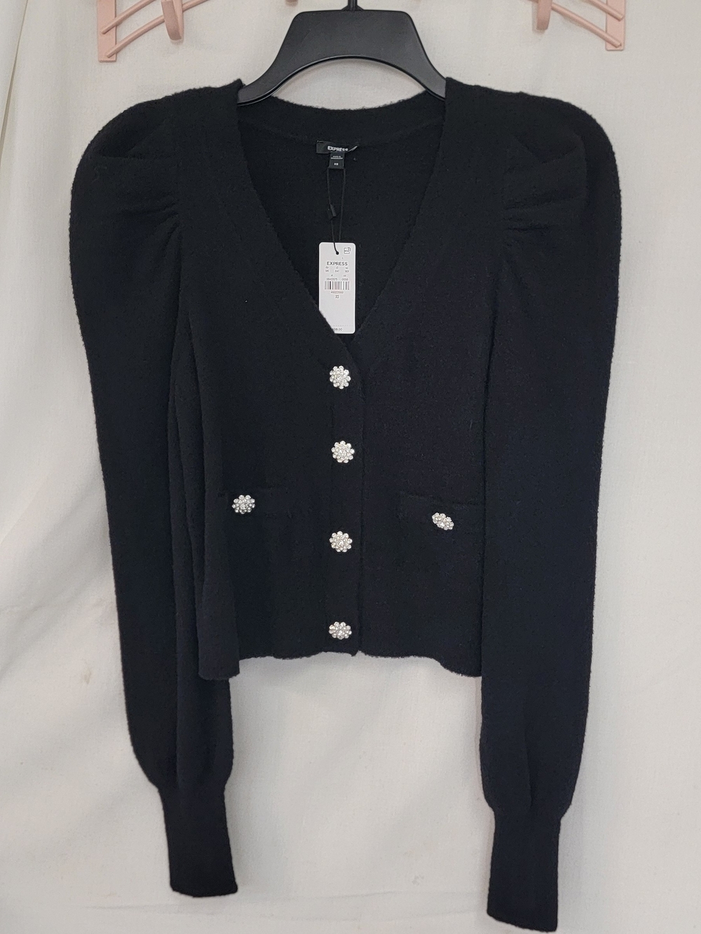 Express Black Puff-Sleeve V-Neck Cardigan with Jewel Flower Buttons